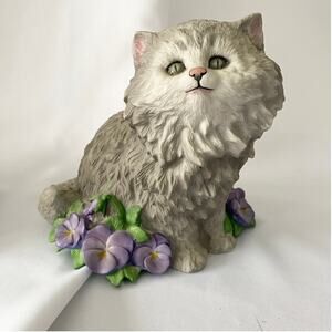 Vintage Ceramic Persian Cat Figurine with Purple Flowers